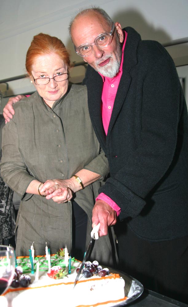 Bob Lockyer with Veronica Lewis (Director London Contemporary Dance School) at Bob's Birthday Bash held at The Place, 13 April 2012.  © Richard Thompson. (Click image for larger version)