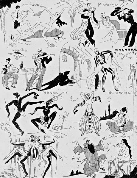 A page of caricatures by Bonnotte, depicting popular Parisian dance fads of the 1920‘s in conventional form. From archives of Bibliothèque Forney, Paris.  (Click image for larger version)
