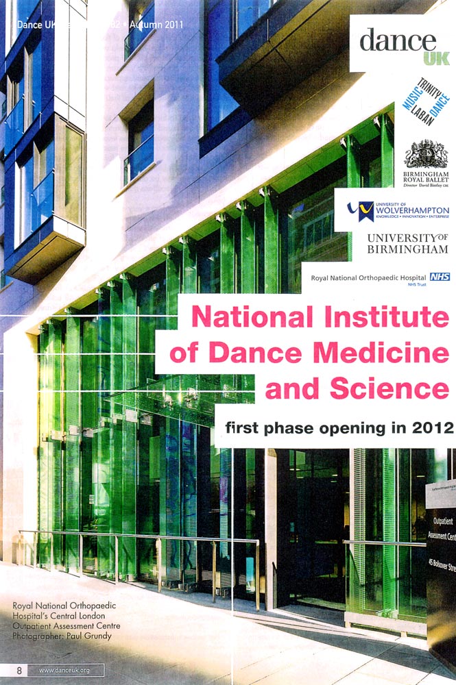 A page from Dance UK News showing the entrance to the Royal National Orthopaedic Hospital and listing the institutions involved in NIDMS. © Dance UK. (Click image for larger version)