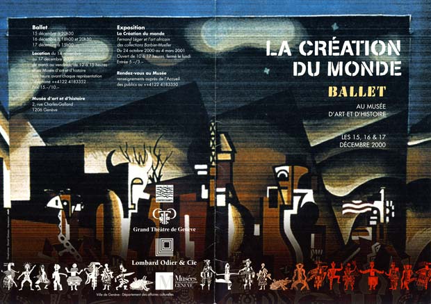 Programme for the re-creation of the ballet with the Ballet of the Grand Théâtre de Genève, 2000. Léger’s decor with his sculptures of the three deities and, to the side, images of their messengers. At the bottom the full cast of characters drawn by Millicent Hodson after Léger’s costume designs. © Ballet du Grand Theatre de Geneve, Millicent Hodson and Kenneth Archer. (Click image for larger version)