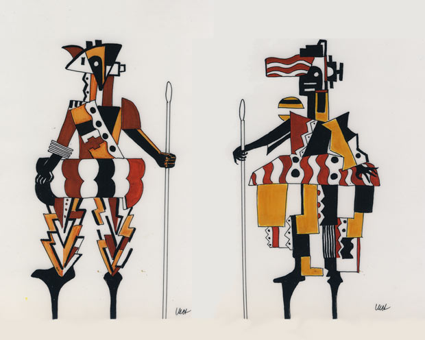 Leger's designs for the Messengers animated with their stilts and lances. Both drawings by Millicent Hodson. © Millicent Hodson. (Click image for larger version)