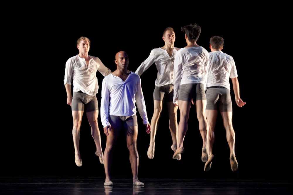 Dennis Adams, Corey Brady, Jeremy Smith, Daniel Santos and Justin Andrews perform in KT Nelson's 2012 work, <I>Cut-Out Guy</I>.<br />© Margo Moritz. (Click image for larger version)