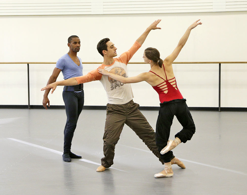 Justin Peck rehearsing Ashley Bouder and Craig Hall in <I>Year of the Rabbit</I>.<br />© Paul Kolnik. (Click image for larger version)