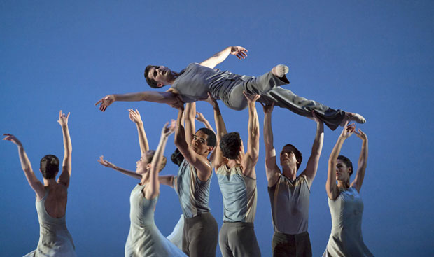 Mathias Dingman with Artists of Birmingham Royal Ballet in the <I>In Ballad Style</I> section of <I>Lyric Pieces</I>.<br />© Bill Cooper. (Click image for larger version)