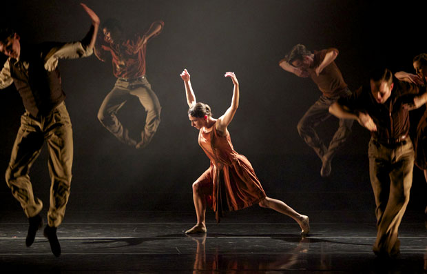Terez Dean with the full company of Smuin Ballet performing Adam Hougland's <I>Cold Virtues</I>.<br />© Keith Sutter. (Click image for larger version)