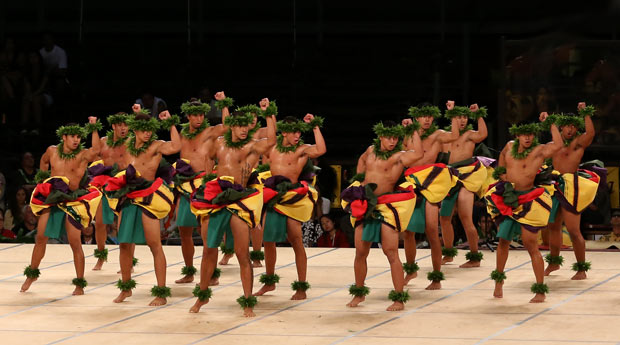 Ka Leo O Laka I Ka Hikina O Ka Lā performing world première of <i>Hula Kāne: The Ancient Art of Hawaiian Male Dance</i>.<br />© MM Kane Kahiko. (Click image for larger version)