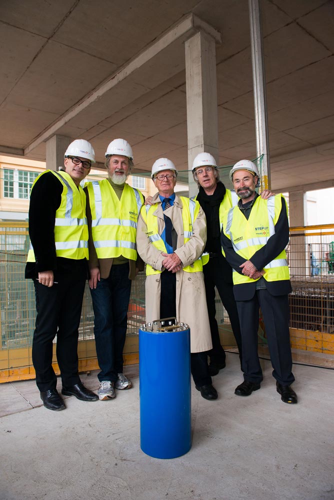 Rambert Dance Company’s Artistic Director, Mark Baldwin, joined by former Artistic Directors to bury time capsule at Rambert’s new headquarters on the South Bank L-R: Mark Baldwin, Richard Alston, John Chesworth, Robert North and Christopher Bruce.<br />© Simon Weir. (Click image for larger version)
